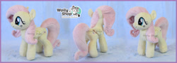 Size: 4098x1481 | Tagged: safe, artist:wollyshop, fluttershy, pegasus, pony, g4, female, irl, mare, multiple angles, multiple views, photo, plushie, smiling, solo, standing, watermark