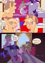 Size: 2733x3866 | Tagged: safe, artist:piesinful, applejack, spike, twilight sparkle, dragon, earth pony, pony, unicorn, comic:unlucky day, fanfic:cupcakes, applejack's hat, comic, cowboy hat, dialogue, eye clipping through hair, eyebrows, eyebrows visible through hair, female, hat, male, mare, scared, speech bubble, sugarcube corner, sweat, trio, unicorn twilight