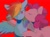 Size: 1667x1250 | Tagged: safe, artist:piesinful, pinkie pie, rainbow dash, earth pony, pegasus, pony, fanfic:cupcakes, g4, blood, cheek kiss, cupcake, duo, female, food, kissing, mare, needs more saturation, rainbow cupcake, red background, simple background, spread wings, wings