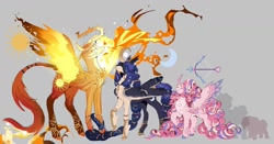 Size: 1194x625 | Tagged: safe, artist:piesinful, princess cadance, princess celestia, princess luna, alicorn, pony, g4, alternate design, arrow, blindfold, bow (weapon), concave belly, cupid, curved horn, female, fiery mane, fiery wings, gray background, height difference, hoof shoes, horn, horn jewelry, jagged horn, jewelry, leonine tail, mare, peytral, simple background, slender, spiked horn, spread wings, tail, thin, trio, unshorn fetlocks, wings