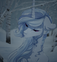 Size: 3200x3500 | Tagged: safe, artist:blackberry907, oc, oc only, oc:anathema, pony, unicorn, bust, commission, female, forest, horn, mare, nature, snow, snowfall, solo, tree, winter, ych result