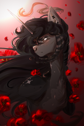 Size: 4000x6000 | Tagged: safe, artist:blackberry907, oc, oc only, pony, unicorn, blushing, bust, ear piercing, earring, female, flower, freckles, high res, horn, jewelry, mare, nose piercing, nose ring, piercing, solo