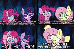 Size: 1451x971 | Tagged: safe, artist:fluhhtershy, fluttershy, pinkie pie, twilight sparkle, earth pony, pegasus, pony, unicorn, g4, comic, dialogue, female, mare, out of character, pun, reference, spongebob reference, spongebob squarepants, unicorn twilight