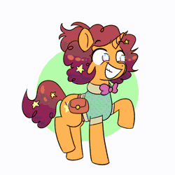 Size: 1280x1280 | Tagged: safe, artist:notfocks, oc, oc only, oc:star magnolia, pony, unicorn, abstract background, animated, bag, bowtie, clothes, curly hair, curly mane, curly tail, female, gif, horn, mare, saddle bag, solo, tail