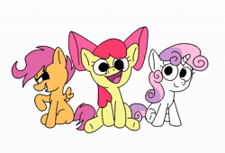 Size: 1056x720 | Tagged: safe, artist:notfocks, apple bloom, scootaloo, sweetie belle, earth pony, human, pegasus, pony, unicorn, g4, animated, bow, cutie mark crusaders, female, filly, foal, hair bow, horn, james may, jeremy clarkson, male, richard hammond, simple background, sitting, sound, top gear, trio, webm, white background