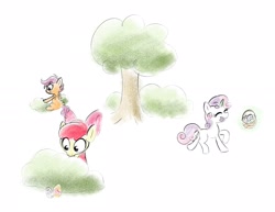 Size: 2463x1902 | Tagged: safe, artist:notfocks, apple bloom, scootaloo, sweetie belle, earth pony, pegasus, pony, unicorn, basket, cutie mark crusaders, easter, easter egg, female, filly, foal, forest, holiday, horn, nature, tree, trio