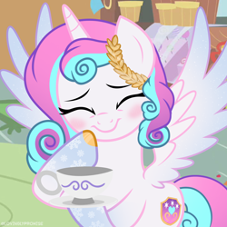 Size: 2000x2000 | Tagged: safe, artist:lovinglypromise, oc, oc:lovely promise, alicorn, pony, cup, eyes closed, female, mare, not flurry heart, offspring, parent:princess cadance, parent:shining armor, parents:shiningcadance, solo, teacup