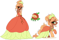 Size: 5040x3470 | Tagged: safe, artist:gihhbloonde, applejack, earth pony, human, pony, g4, african american, apple frog, applejack also dresses in style, bare shoulders, clothes, crossover, crossover fusion, crown, disney princess, dress, evening gloves, female, freckles, fusion, fusion:applejack, fusion:tiana, gloves, gown, hair bun, jewelry, lipstick, long gloves, ponified, princess tiana, regalia, sleeveless, standing, strapless, the princess and the frog, tiana, we have become one