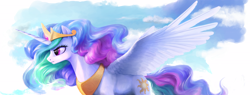 Size: 19423x7401 | Tagged: safe, artist:cannibalus, princess celestia, alicorn, pony, g4, absurd file size, absurd resolution, aerography, cloud, cloudy, crown, decal, female, flying, frown, jewelry, majestic, mare, necklace, regalia, serious, serious face, side view, signature, solo, spread wings, too big for derpibooru, wings