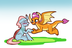 Size: 1114x737 | Tagged: safe, artist:chiefywiffy, ocellus, smolder, changeling, dragon, g4, changeling x dragon, cute, diaocelles, female, flying, gradient background, interspecies, lesbian, ship:smolcellus, shipping, smolderbetes