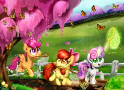 Size: 6600x4800 | Tagged: safe, artist:cosmocatcrafts, apple bloom, scootaloo, sweetie belle, butterfly, earth pony, pegasus, pony, unicorn, g4, absurd file size, absurd resolution, adorabloom, butterfly net, cute, cutealoo, cutie mark, cutie mark crusaders, diasweetes, female, filly, foal, grin, horn, magic, smiling, the cmc's cutie marks, too big for derpibooru, trio