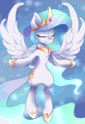 Size: 1000x1450 | Tagged: safe, artist:scarlet-spectrum, princess celestia, alicorn, pony, g4, absurd file size, absurd gif size, animated, armpits, cinemagraph, crown, cutie mark, ethereal mane, ethereal tail, eyes closed, female, floating, flowing mane, flowing tail, gif, glowing, glowing mane, glowing tail, hoof shoes, jewelry, majestic, mare, multicolored mane, multicolored tail, peytral, regalia, royalty, smiling, solo, spread wings, tail, wings