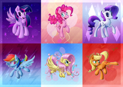 Size: 6614x4677 | Tagged: safe, artist:sentireaeris, applejack, fluttershy, pinkie pie, rainbow dash, rarity, twilight sparkle, alicorn, earth pony, pegasus, pony, unicorn, g4, abstract background, absurd file size, absurd resolution, bucking, collage, compilation, female, horn, mane six, mare, smiling, too big for derpibooru, twilight sparkle (alicorn)