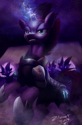 Size: 7390x11182 | Tagged: safe, artist:zilvart, tempest shadow, pony, unicorn, g4, my little pony: the movie, absurd file size, absurd resolution, armor, broken horn, chainmail, electricity, female, horn, mare, night, rearing, signature, solo focus, stars, storm guard