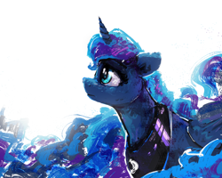 Size: 6000x4800 | Tagged: safe, artist:thefloatingtree, princess luna, alicorn, pony, g4, absurd file size, absurd resolution, bust, ethereal mane, female, frown, galaxy mane, looking up, mare, profile, simple background, solo, white background