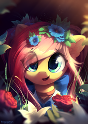 Size: 4961x7016 | Tagged: safe, artist:freeedon, fluttershy, pegasus, pony, g4, absurd file size, absurd resolution, beautiful, bow, bust, clothes, converted, cute, dress, ear fluff, eye clipping through hair, eye reflection, eyebrows, eyebrows visible through hair, female, flower, flower in hair, lily (flower), looking at you, mare, open mouth, portrait, reflection, rose, shyabetes, sidemouth, signature, smiling, solo, too big for derpibooru