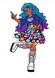 Size: 1240x1754 | Tagged: safe, artist:jully-park, izzy moonbow, human, g5, clothes, cutie mark, dress, human coloration, humanized, looking at you, magenta eyes, moderate dark skin, one eye closed, shoes, signature, simple background, socks, tongue out, two toned hair, white background, wink