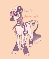 Size: 754x899 | Tagged: safe, artist:beyhr, part of a set, oc, oc only, oc:peach fizz, zebra, cloven hooves, colored hooves, curly mane, curly tail, eye clipping through hair, eyebrows, eyebrows visible through hair, female, hair accessory, hair bun, leonine tail, looking back, no catchlights, non-pony oc, orange background, purple eyes, raised leg, signature, simple background, smiling, solo, striped, stripes, tail, tall ears, text, tied mane, two toned mane, two toned tail, white coat