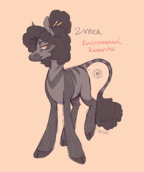Size: 754x899 | Tagged: safe, artist:beyhr, oc, oc only, oc:zinnea, zebra, afro puff, brown coat, brown mane, brown tail, cloven hooves, colored eyebrows, colored hooves, colored legs, colored muzzle, female, frown, hair accessory, hairpin, leonine tail, lidded eyes, looking back, narrowed eyes, no catchlights, non-pony oc, orange background, raised leg, signature, simple background, slit pupils, solo, striped, stripes, tail, tall ears, text, tied mane, yellow eyes