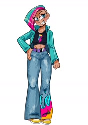 Size: 1240x1754 | Tagged: safe, artist:jully-park, zipp storm, human, g5, abs, clothes, cutie mark on clothes, cyan eyes, female, fit, human coloration, humanized, jacket, korean, midriff, moderate dark skin, muscles, pants, pose, shoes, simple background, slender, smiling, solo, sternocleidomastoid, tank top, thin, two toned hair, white background
