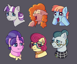 Size: 1280x1071 | Tagged: safe, artist:brightsnap, cloudy quartz, cookie crumbles, pear butter, posey shy, twilight velvet, windy whistles, earth pony, pegasus, pony, unicorn, g4, ear piercing, earring, eyes closed, female, floppy ears, glasses, hooves on face, horn, jewelry, lidded eyes, mare, mom six, necklace, open mouth, open smile, piercing, smiling, squishy cheeks