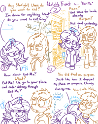 Size: 4779x6013 | Tagged: safe, artist:adorkabletwilightandfriends, starlight glimmer, oc, oc:gray, comic:adorkable twilight and friends, adorkable, adorkable friends, advertising, bending, bent over, blushing, butt, butt bump, cellphone, clothes, comic, cute, dating, dork, flirting, nostril flare, phone, plot, ponyville, sidewalk, sign, slice of life, smartphone, smiling, surprised, sweater, tail, walking