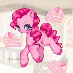Size: 1200x1200 | Tagged: safe, artist:krol2501, pinkie pie, earth pony, pony, g4, :p, abstract background, big eyes, big forehead, blue eyes, blushing, choker, colored hooves, colored pinnae, cupcake, curly mane, curly tail, cute, ear blush, ear piercing, earring, eyeshadow, female, food, in air, jewelry, knee blush, looking at you, makeup, mare, piercing, pink mane, shiny hooves, solo, tail, tongue out, unshorn fetlocks, wingding eyes