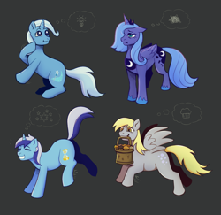 Size: 3803x3694 | Tagged: safe, artist:brightsnap, derpy hooves, minuette, princess luna, trixie, alicorn, pegasus, pony, unicorn, g4, basket, eyes closed, female, floppy ears, folded wings, food, frown, grin, happy, hoof shoes, horn, looking up, mare, mouth hold, muffin, princess shoes, s1 luna, sad, smiling, spread wings, starry eyes, tail, wingding eyes, wings