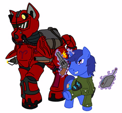 Size: 3004x2772 | Tagged: safe, artist:irkengeneral, oc, oc only, oc:aquarius zodiac, oc:aries zodiac, earth pony, pony, unicorn, fallout equestria, fallout equestria: project horizons, armor, duo, fanfic art, female, gun, handgun, horn, male, mare, power armor, revolver, simple background, weapon, white background