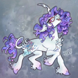 Size: 1518x1523 | Tagged: safe, artist:nevgig, rarity, pony, unicorn, g4, abstract background, alternate cutie mark, alternate design, alternate hairstyle, alternate tailstyle, butt fluff, chest fluff, colored eyebrows, colored hooves, curly mane, curly tail, curved horn, ear fluff, eyelashes, female, fetlock tuft, floppy ears, glasses, halftone, horn, long mane, long tail, looking back, mare, no catchlights, open mouth, open smile, pointy hooves, prancing, purple eyes, purple mane, purple tail, raised hoof, raised leg, rarity's glasses, redesign, signature, smiling, solo, sparkles, tail, teeth, thick eyelashes, unique horn, unshorn fetlocks, white coat