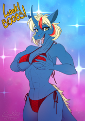 Size: 1122x1600 | Tagged: safe, artist:sunny way, ki'rinaes, original species, anthro, equis universe, abs, alirfesta, alirfesta felastis, art, artwork, bikini, breasts, bust, clothes, cute, digital art, female, fit, happy, muscles, nudity, open mouth, slender, smiling, solo, sunny way, swimsuit, thin
