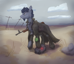 Size: 1600x1400 | Tagged: safe, artist:patsyuk, oc, oc only, earth pony, pony, fallout equestria, beard, clothes, cloud, detailed background, facial hair, male, solo, weapon