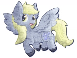 Size: 1600x1200 | Tagged: safe, artist:mimiqqkirisame, derpy hooves, pegasus, pony, g4, female, flying, gray coat, mare, open mouth, rearing, simple background, smiling, solo, spread wings, unshorn fetlocks, white background, wings, yellow mane