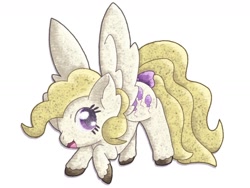 Size: 1600x1200 | Tagged: safe, artist:mimiqqkirisame, surprise, pegasus, pony, g1, bow, eyelashes, female, looking at you, mare, open mouth, simple background, solo, spread wings, tail, tail bow, unshorn fetlocks, white background, wings, yellow coat, yellow mane