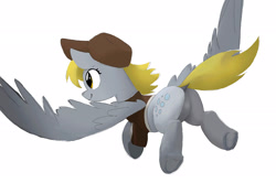 Size: 2314x1541 | Tagged: artist needed, safe, derpy hooves, female, flying, looking forward, mailmare, mailmare uniform, mare, rear view, simple background, smiling, solo, spread wings, white background, wings