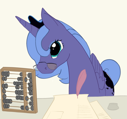 Size: 2131x1983 | Tagged: safe, artist:mandumustbasukanemen, princess luna, alicorn, pony, g4, abacus, beige background, desk, eyeshadow, female, folded wings, glasses, half body, inkwell, luna's crown, makeup, mare, missing accessory, quill, s1 luna, simple background, solo, wings, writing