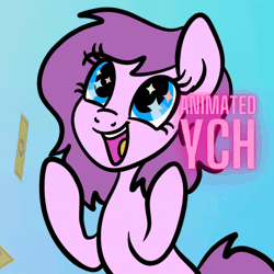 Size: 1080x1080 | Tagged: safe, artist:lannielona, oc, oc only, pony, advertisement, animated, bits, cash, commission, female, gif, gradient background, mare, money, solo, wingding eyes, winner, ych animation, ych example, your character here