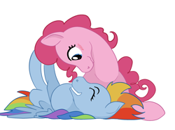 Size: 2732x2048 | Tagged: safe, artist:mandumustbasukanemen, pinkie pie, rainbow dash, pony, blushing, duo, female, lesbian, looking into each others eyes, lying down, mare, on back, playing, ship:pinkiedash, shipping, smiling