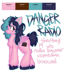 Size: 933x1064 | Tagged: safe, artist:clandestine, derpibooru exclusive, oc, oc only, oc:danger radio, pegasus, pony, color palette, dyed mane, e-girl, eyeliner, folded wings, looking back, makeup, name, pony oc, pronouns, reference sheet, simple background, solo, standing, transparent background, unshorn fetlocks, wings