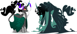 Size: 2000x894 | Tagged: safe, artist:orin331, rabia, alicorn, pony, umbrum, alternate universe, armor, cape, clothes, curved horn, dark magic, ethereal mane, eye mist, floating, glowing, glowing eyes, horn, leonine tail, magic, open mouth, redesign, simple background, sombra eyes, standing, tail, transparent background