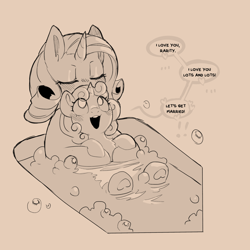 Size: 1200x1200 | Tagged: safe, artist:cold-blooded-twilight, rarity, sweetie belle, pony, unicorn, g4, bathing, bathing together, bathtub, blushing, bubble, confession, dialogue, duo, duo female, eyes closed, female, filly, foal, heart, horn, implied foalcon, implied marriage, incest, lesbian, mare, monochrome, raricest, ship:raribelle, shipping, siblings, sisters, sketch, speech bubble, underhoof