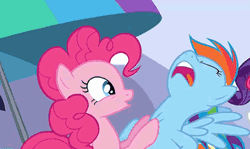 Size: 482x287 | Tagged: safe, edit, edited screencap, screencap, pinkie pie, rainbow dash, rarity, twilight sparkle, earth pony, pegasus, pony, g4, wonderbolts academy, animated, cropped, duo focus, female, gif, loop, mare, offscreen character, out of context, shaking