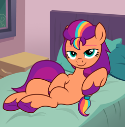 Size: 2374x2410 | Tagged: safe, artist:shieldwingarmorofgod, sunny starscout, earth pony, g4, g5, bed, bedroom, bedroom eyes, female, g5 to g4, generation leap, smiling