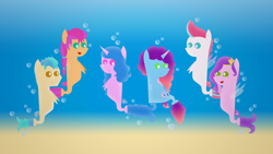 Size: 1920x1080 | Tagged: safe, artist:carrotorangelight, hitch trailblazer, izzy moonbow, misty brightdawn, pipp petals, sunny starscout, zipp storm, earth pony, pegasus, seapony (g4), unicorn, g5, bubble, dorsal fin, female, fin, fin wings, fins, fish tail, flowing mane, flowing tail, gradient background, green eyes, happy, horn, jewelry, looking at each other, looking at someone, male, mane five, mane six (g5), mare, ocean, open mouth, open smile, rebirth misty, scales, seaponified, seapony hitch trailblazer, seapony izzy moonbow, seapony misty brightdawn, seapony pipp petals, seapony sunny starscout, seapony zipp storm, smiling, smiling at each other, species swap, stallion, sunlight, swimming, tail, tiara, underwater, water, wings