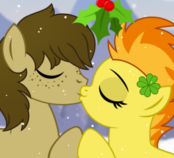 Size: 1200x1095 | Tagged: safe, artist:jennieoo, spitfire, oc, oc:chocolate chips, pegasus, pony, g4, canon x oc, commission, female, firechips, freckles, holly, holly mistaken for mistletoe, kiss on the lips, kissing, male, shipping, snow, snowfall, straight, vector, ych example, ych result, your character here