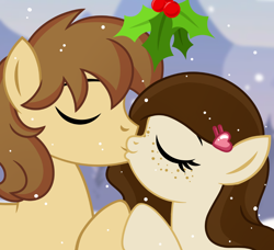 Size: 1200x1095 | Tagged: safe, artist:jennieoo, oc, pony, commission, female, freckles, kiss on the lips, kissing, male, mare, mistletoe, snow, snowfall, solo, stallion, vector, ych example, ych result, your character here