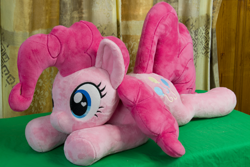 Size: 4942x3295 | Tagged: safe, artist:azgchip, pinkie pie, earth pony, g4, female, heart, heart eyes, lying down, mare, plushie, prone, solo, sploot, wingding eyes
