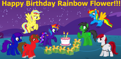 Size: 7875x3860 | Tagged: safe, artist:star-armour95, oc, oc only, oc:llumi knight, oc:michelle lightheart, oc:rainbow flower, oc:scotty scorpion, oc:shield wing, oc:sky shine, oc:star armour, g4, birthday cake, cake, female, food, happy birthday, male, present