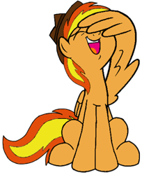 Size: 405x496 | Tagged: safe, artist:noi kincade, oc, oc only, oc:firey ratchet, pegasus, g4, facewing, fedora, hat, laughing, male, simple background, sitting, solo, transparent background