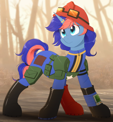 Size: 1300x1404 | Tagged: safe, artist:higglytownhero, oc, oc only, oc:ryo, pony, unicorn, fallout equestria, armor, boots, clothes, determined, fallout equestria oc, female, goggles, hair tie, hat, helmet, horn, horn ring, jumpsuit, looking offscreen, patch, pipbuck, ponytail, pouch, ring, shoes, solo, tree, vault suit